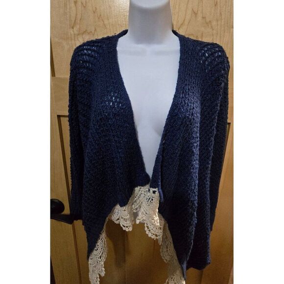 Navy Open Knit Cardigan With Lace Hem For Teens By Cloud Chaser boho soft - Picture 3 of 5
